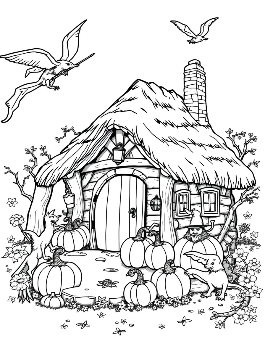 Hagrid's hut with pumpkins and magical creatures around it