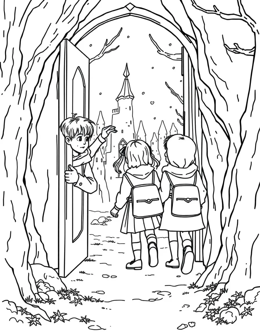 The Pevensie children walking through the wardrobe into Narnia