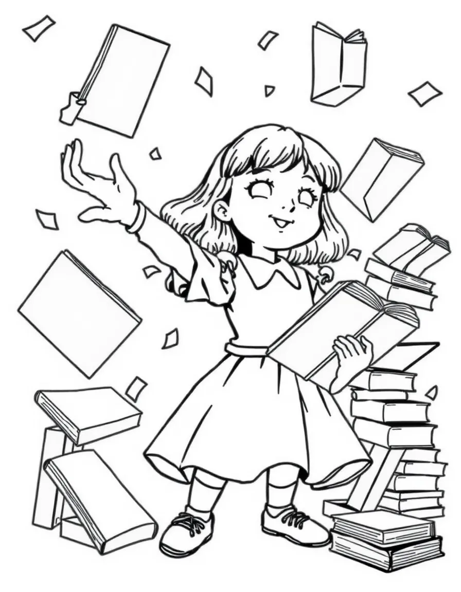 Matilda surrounded by floating books using her telekinetic powers