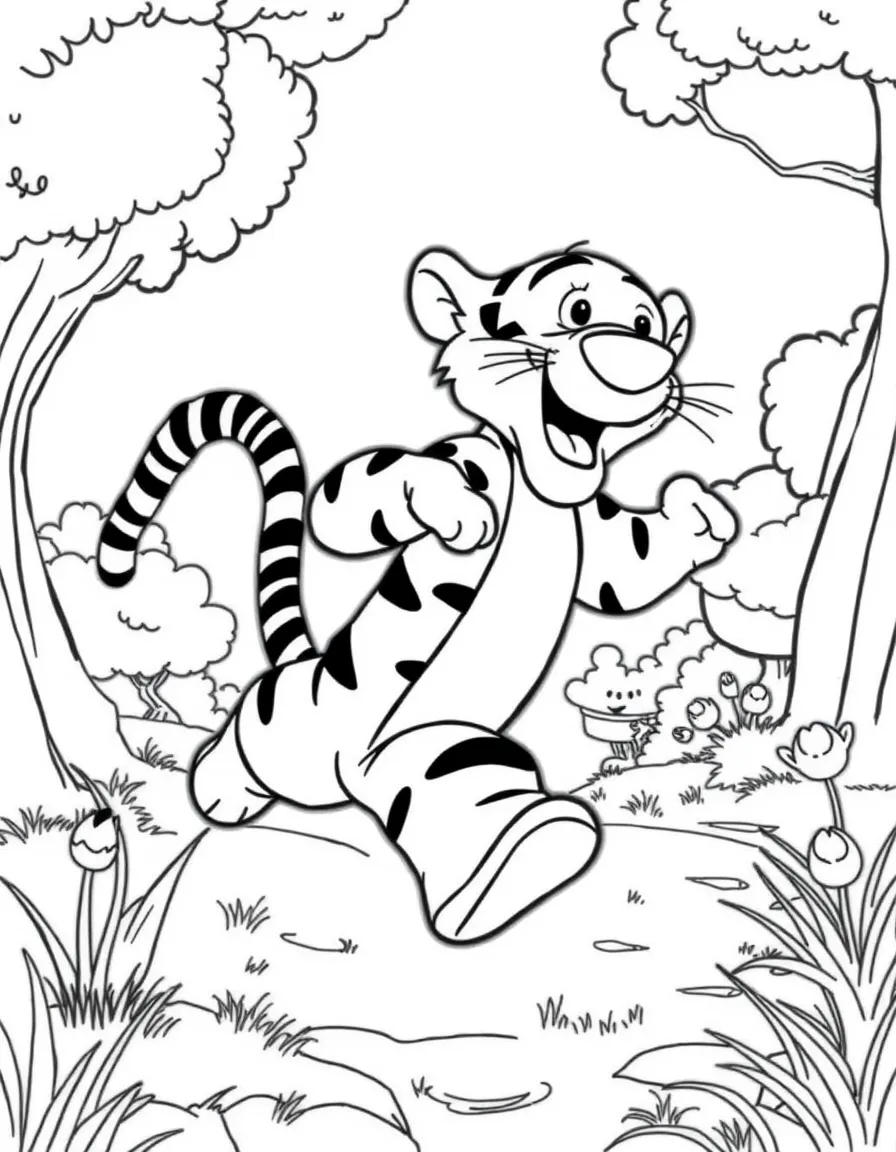 Tigger bouncing on his tail through the Hundred Acre Wood