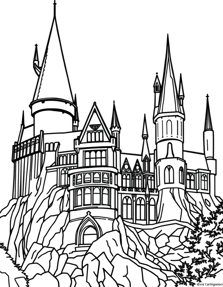 Hogwarts castle at night with lights in the windows