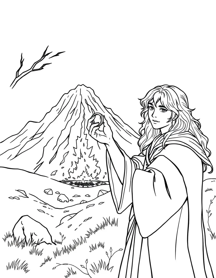 Frodo Baggins holding the One Ring with Mount Doom in the background
