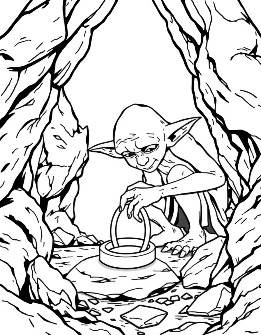 Gollum crouching over his "precious" ring in his cave