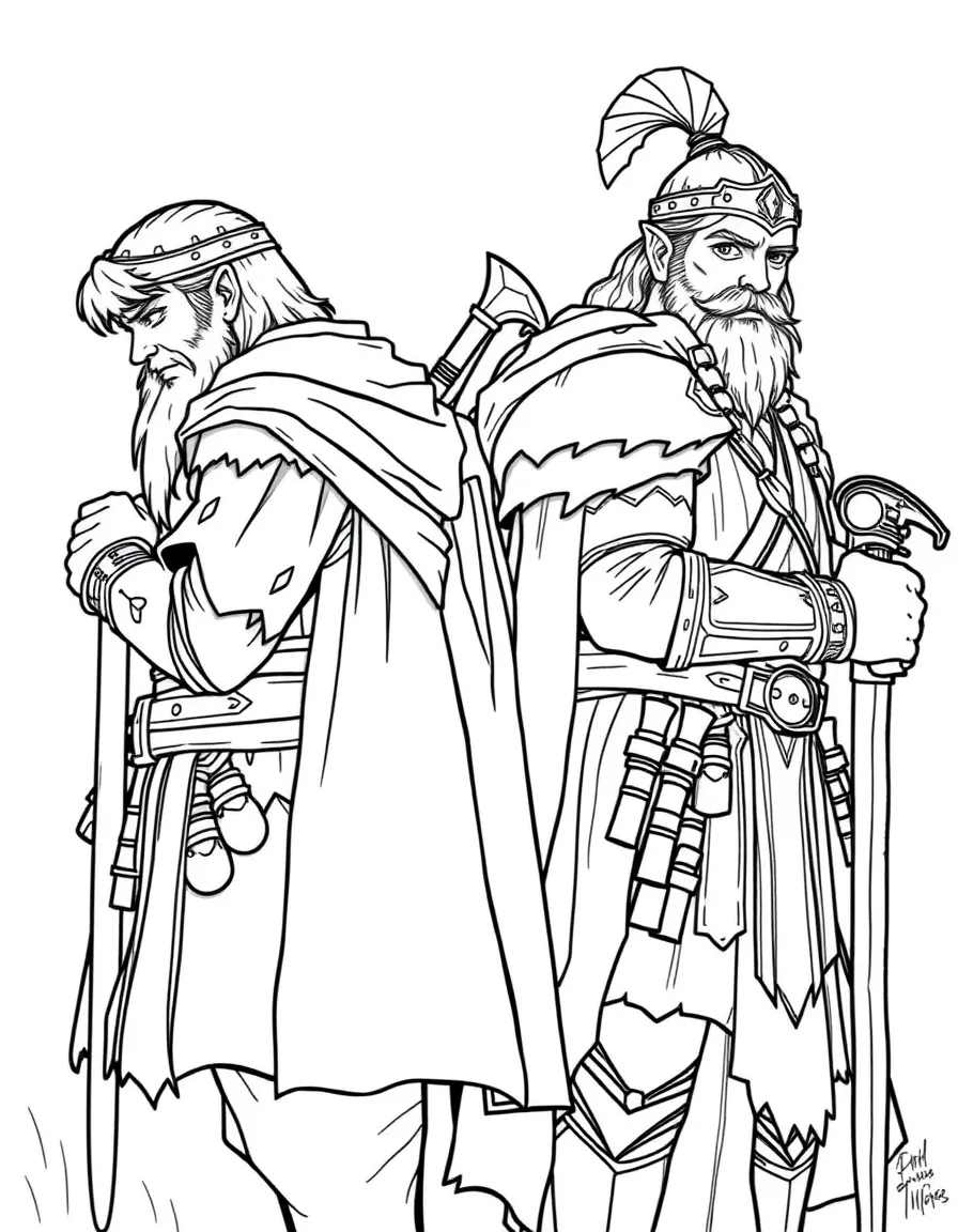 Gimli and Legolas standing back-to-back in battle
