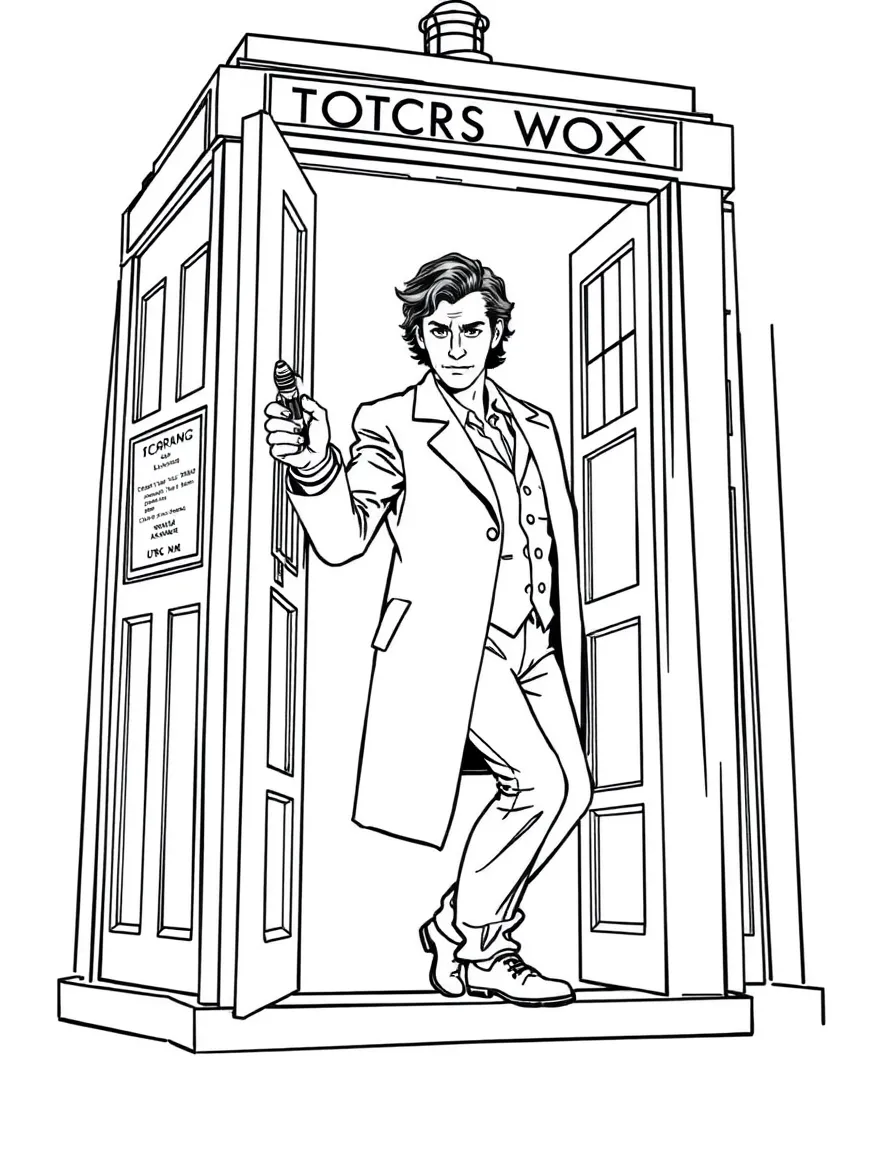 Doctor Who stepping out of the TARDIS with sonic screwdriver in hand
