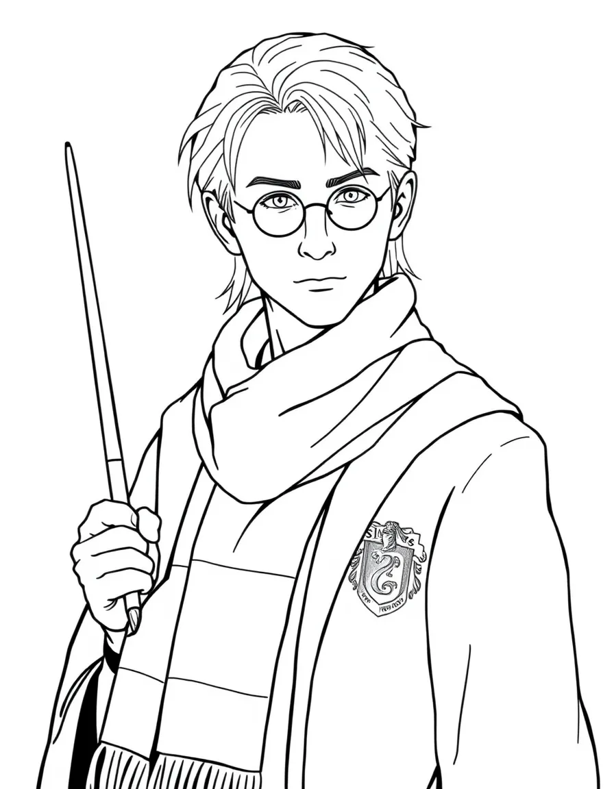 Draco Malfoy with his Slytherin scarf and wand