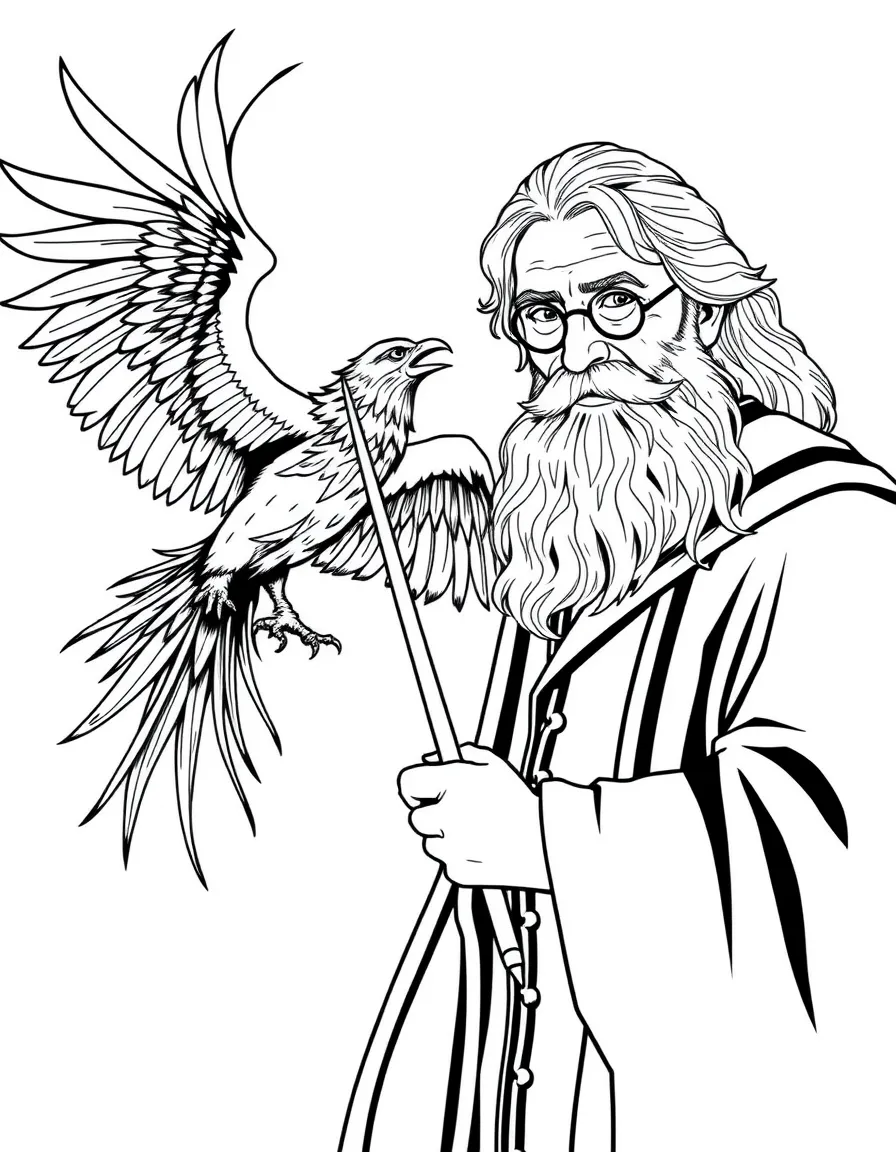 Albus Dumbledore with the Elder Wand and Fawkes the phoenix