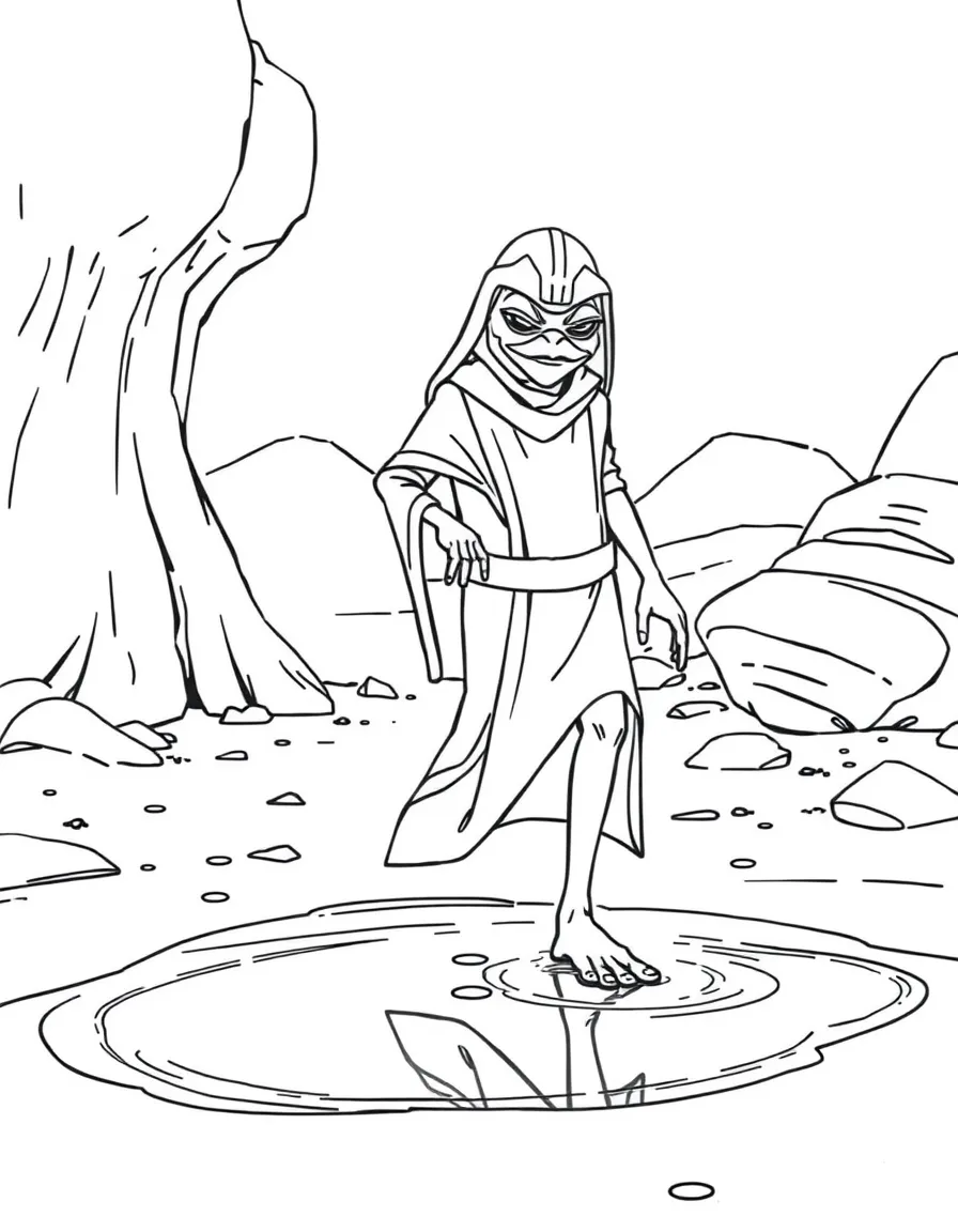 Jar Jar Binks from "Star Wars" stepping in puddles on Naboo