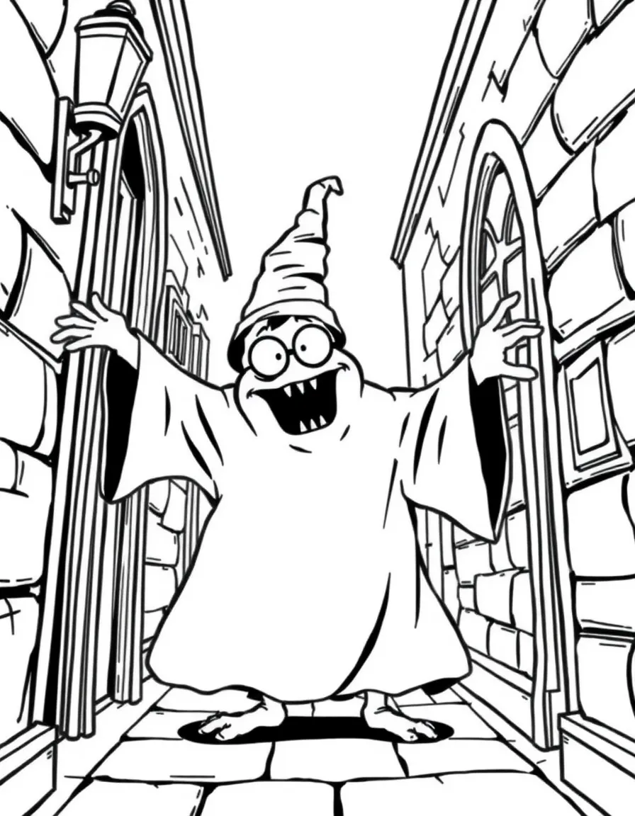 Peeves the poltergeist causing mischief in Hogwarts corridors
