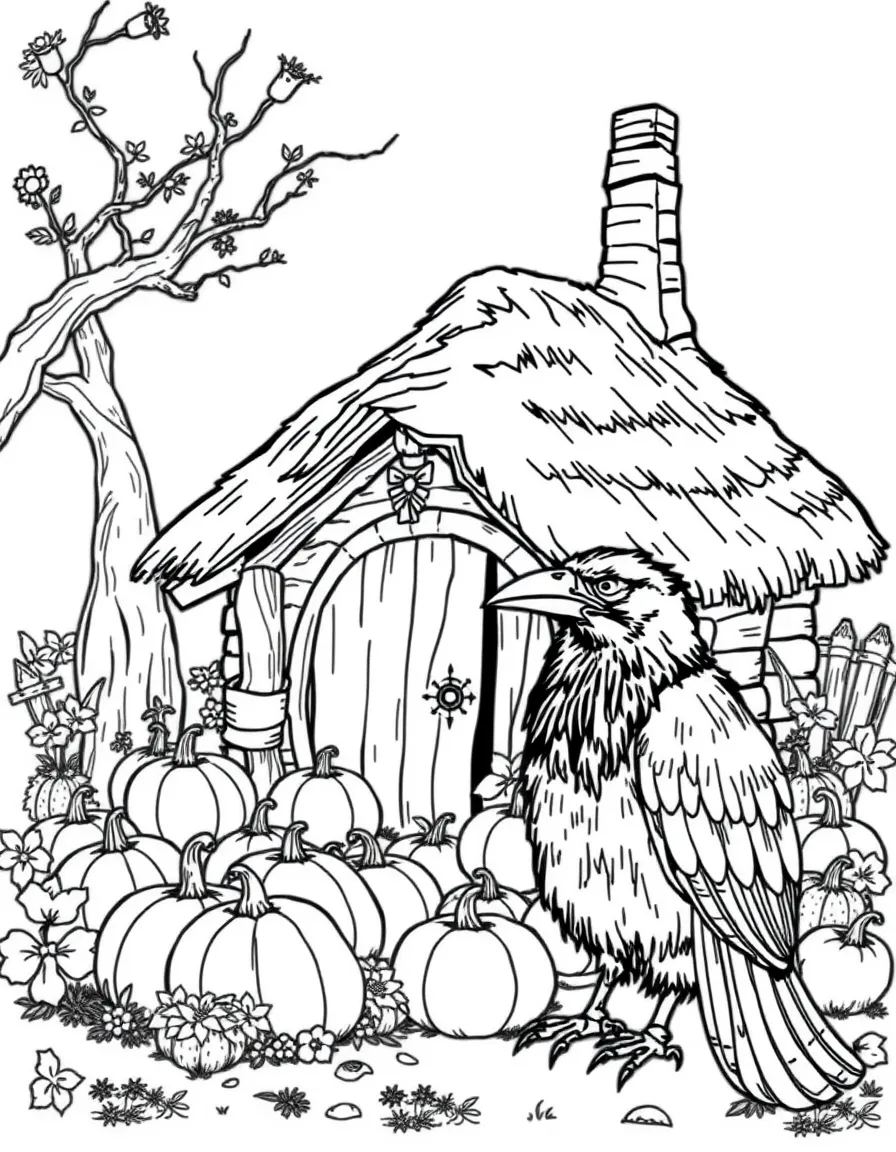 Hagrid's hut with pumpkin patch and Buckbeak tied outside