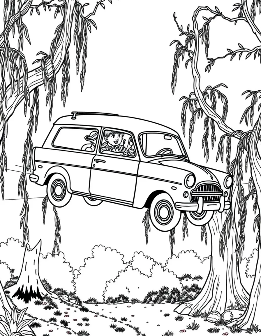 The Weasleys' flying Ford Anglia in the Whomping Willow