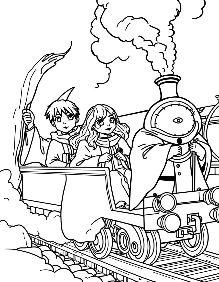 The Golden Trio riding the Hogwarts Express