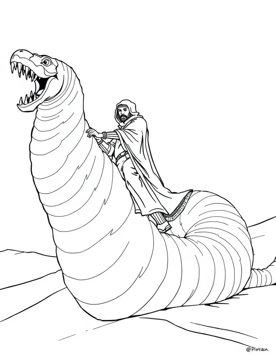 Muad'Dib riding a sandworm in "Dune"