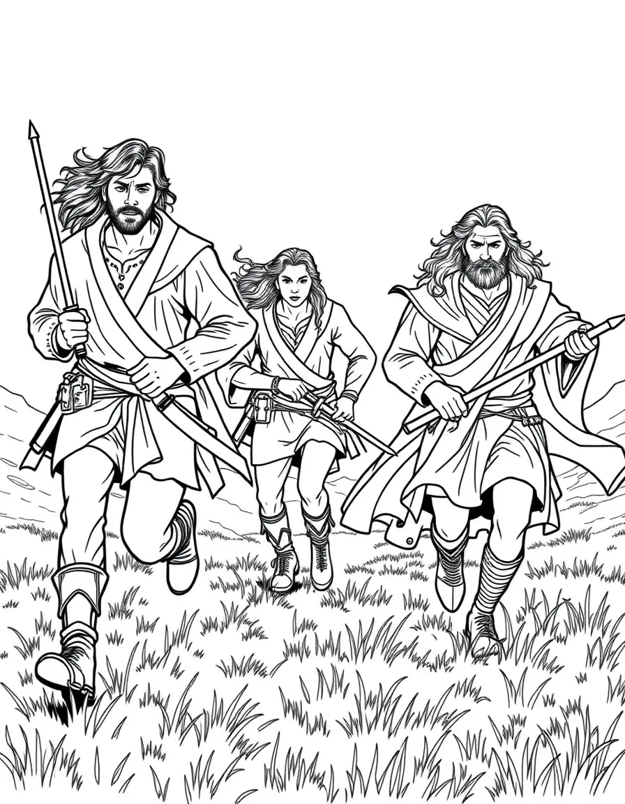 Aragorn, Legolas, and Gimli running across Rohan