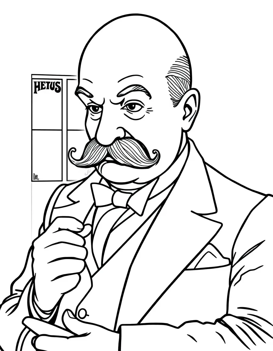 Hercule Poirot with his egg-shaped head and magnificent mustache examining clues
