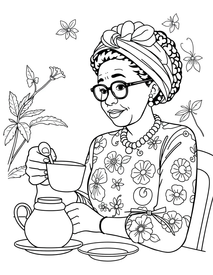 Precious Ramotswe from "The No. 1 Ladies' Detective Agency" enjoying tea