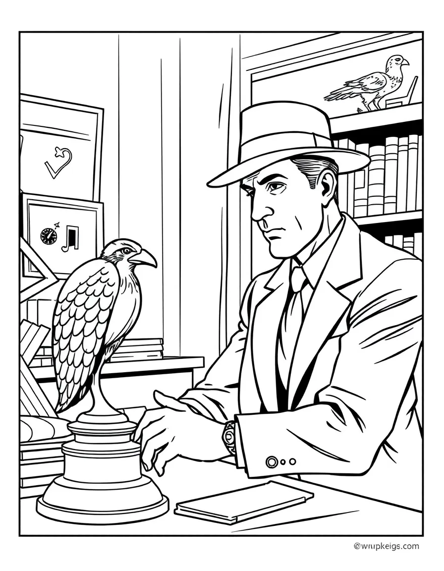 Sam Spade with the Maltese Falcon statue on his desk