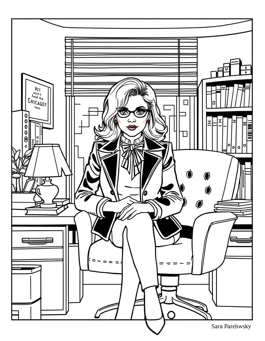 V.I. Warshawski from Sara Paretsky's novels in her Chicago office