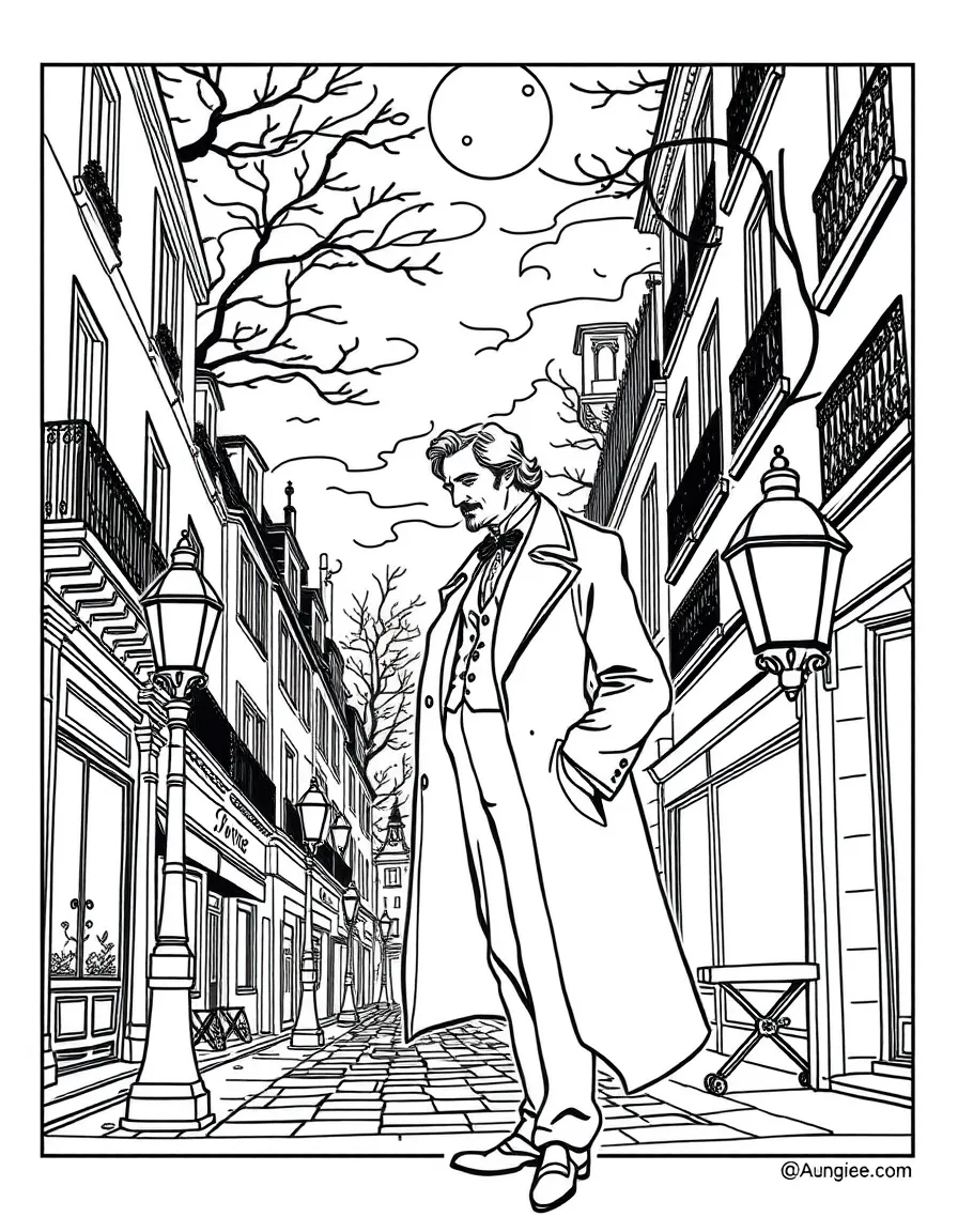 Auguste Dupin from Edgar Allan Poe's stories in a moonlit Paris street