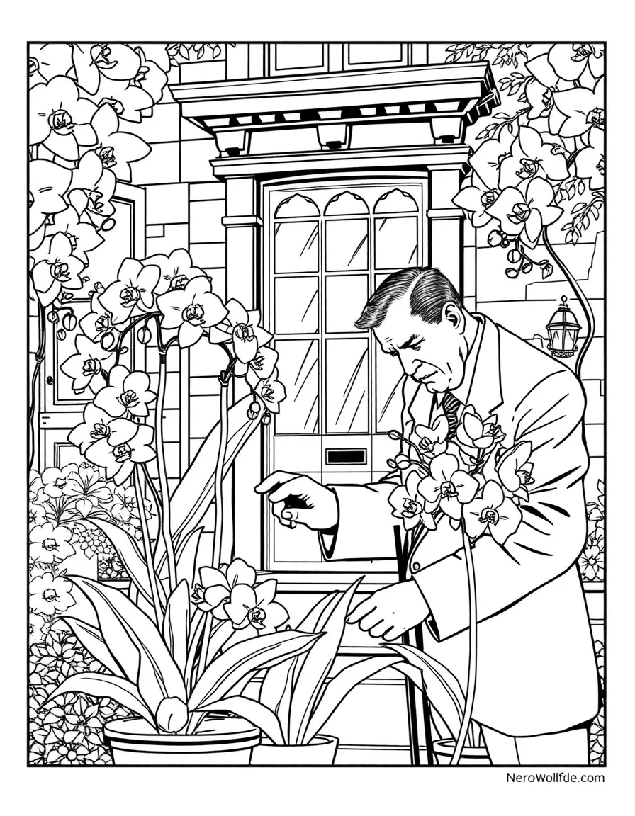Nero Wolfe tending to his orchids in his brownstone