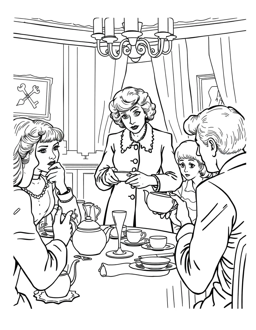 Miss Marple at a tea party observing suspicious behavior