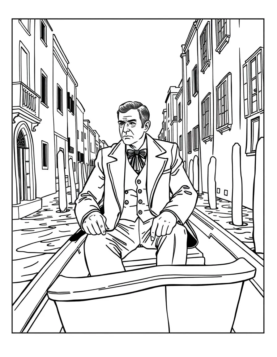 Commissario Brunetti from Donna Leon's novels in a Venetian canal boat