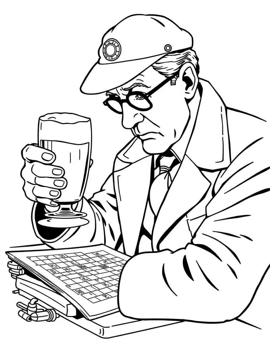 Inspector Morse solving a crossword puzzle with a pint