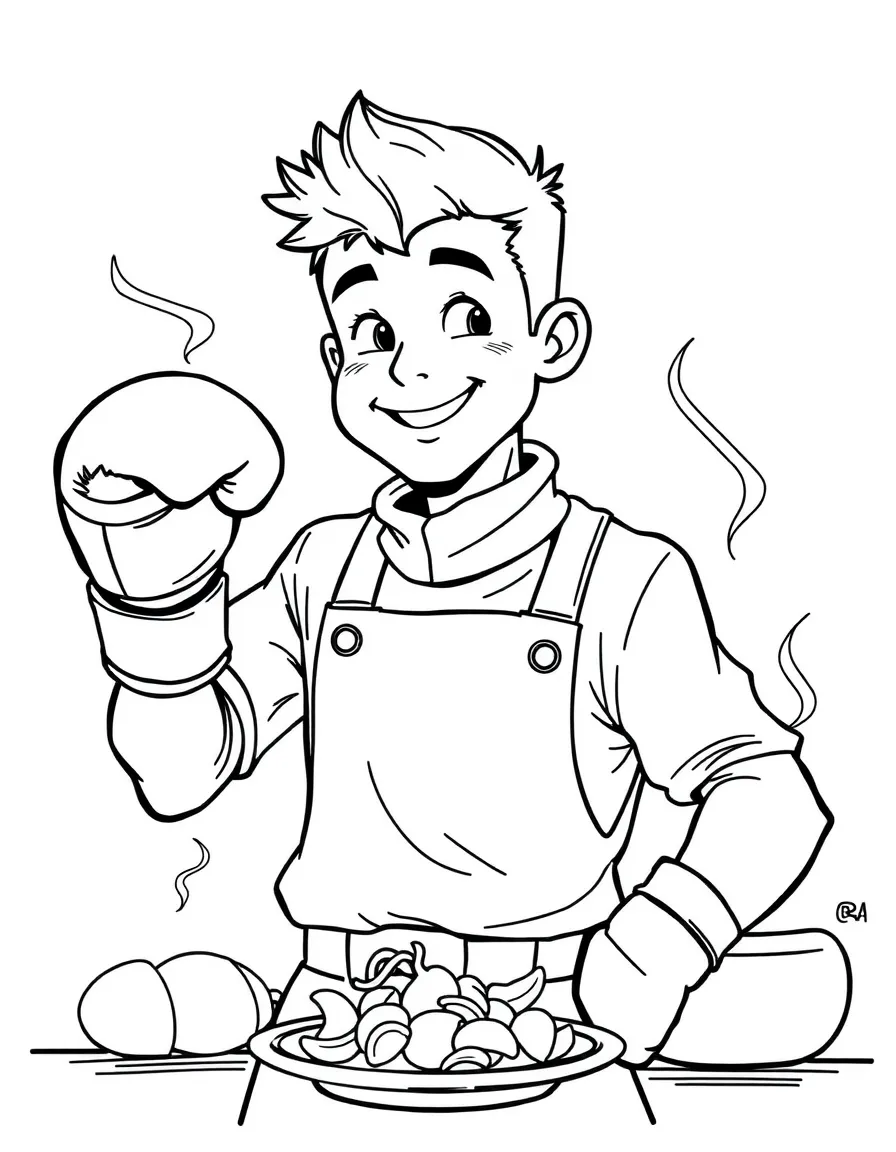 Spencer with his boxing gloves and gourmet cooking
