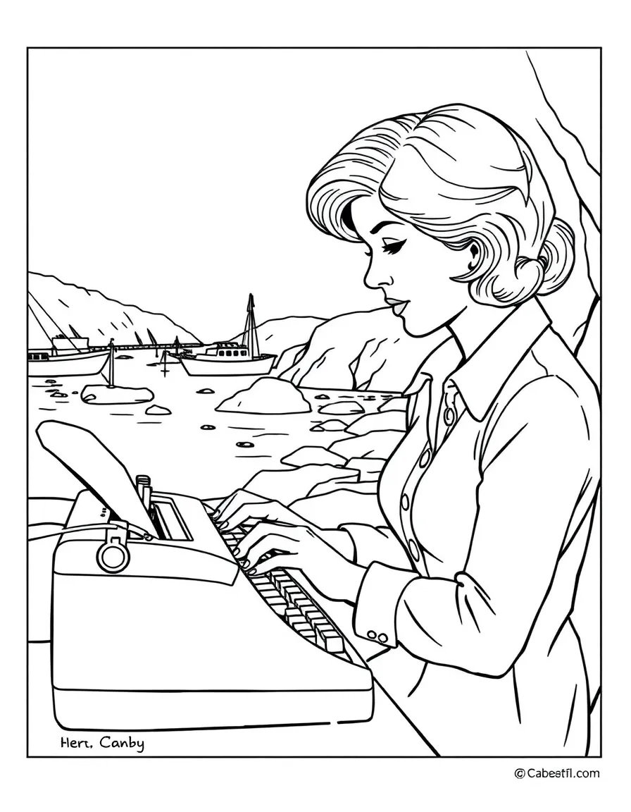 Jessica Fletcher typing on her typewriter in Cabot Cove