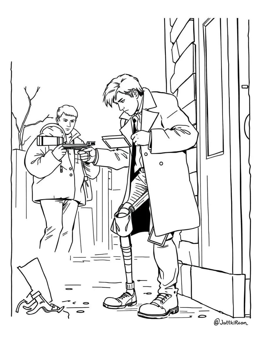 Cormoran Strike with his prosthetic leg staking out a suspect