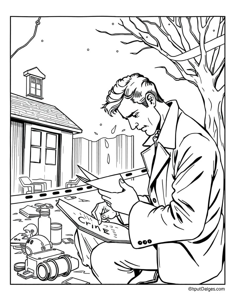 Adam Dalgliesh from P.D. James' novels writing poetry at a crime scene