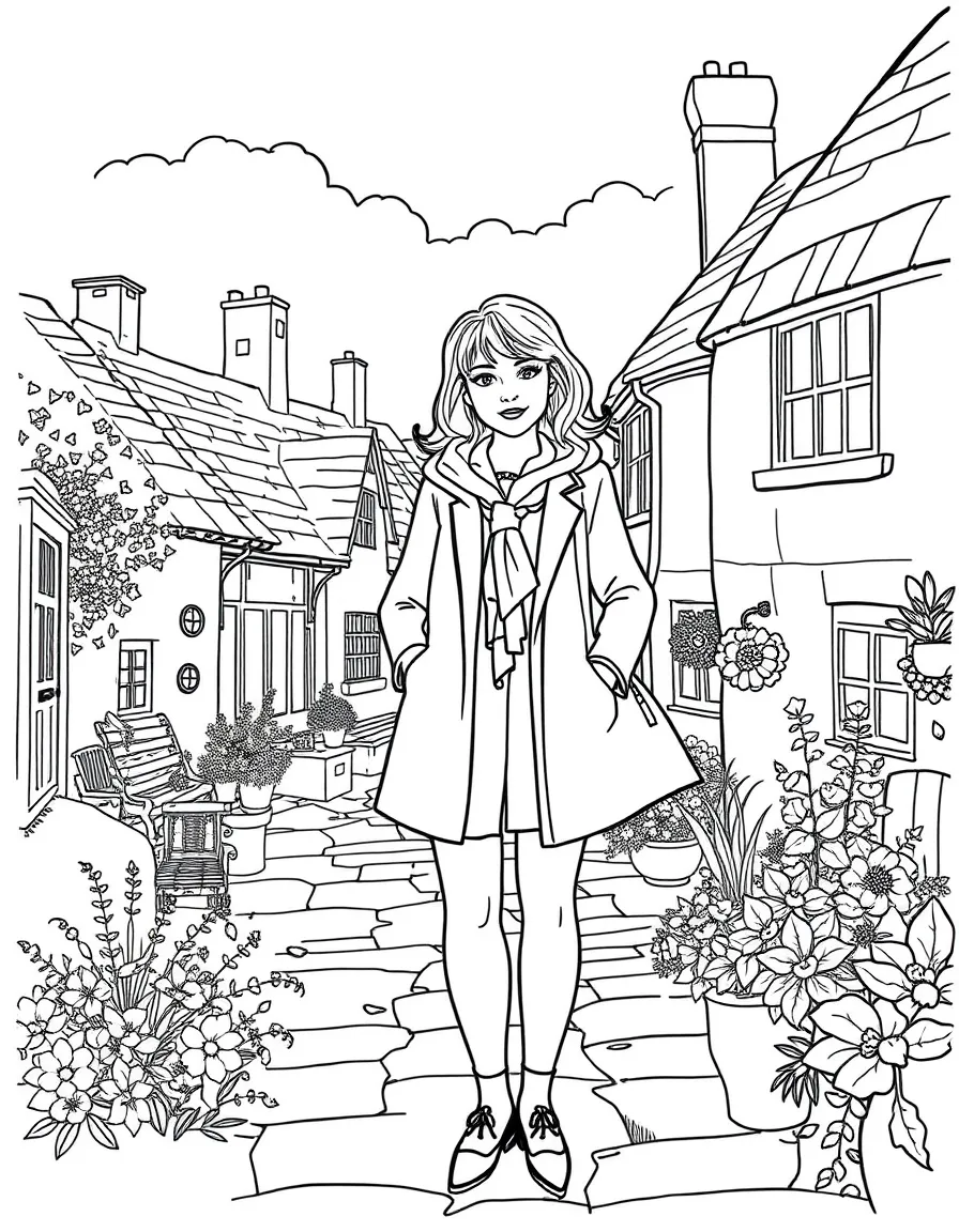 Agatha Raisin with her city clothes in the Cotswolds village