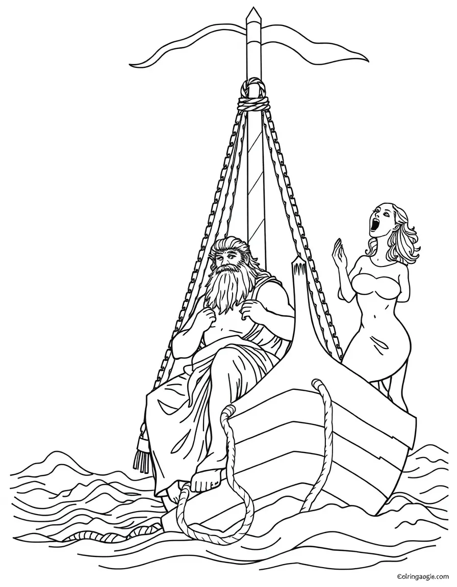 Odysseus tied to the mast of his ship while sirens sing
