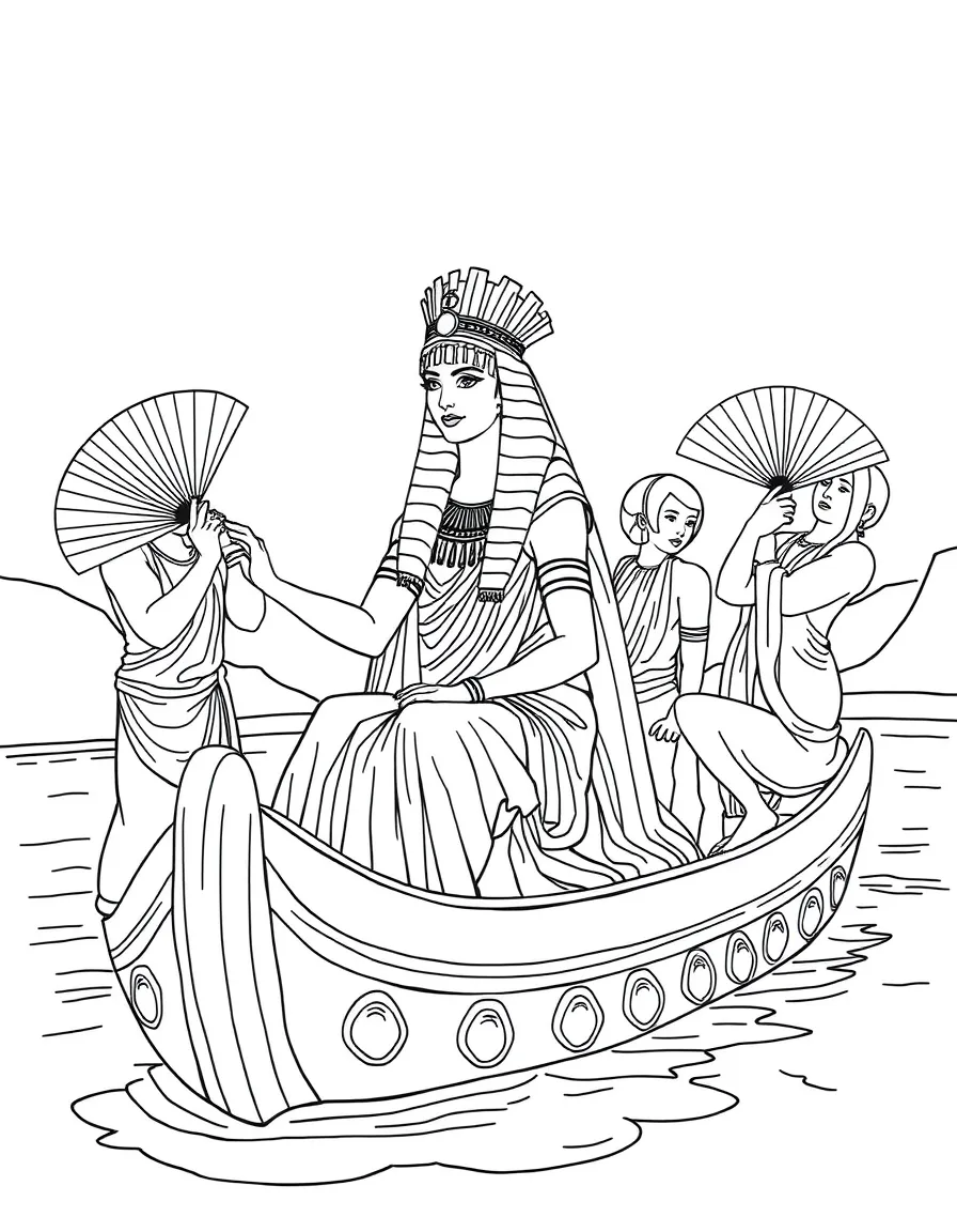 Cleopatra on her barge on the Nile with servants fanning her
