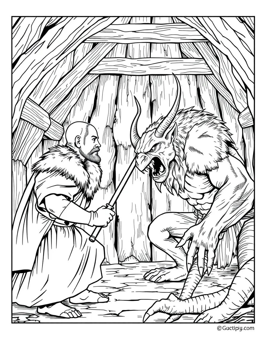 Beowulf facing Grendel in the mead hall