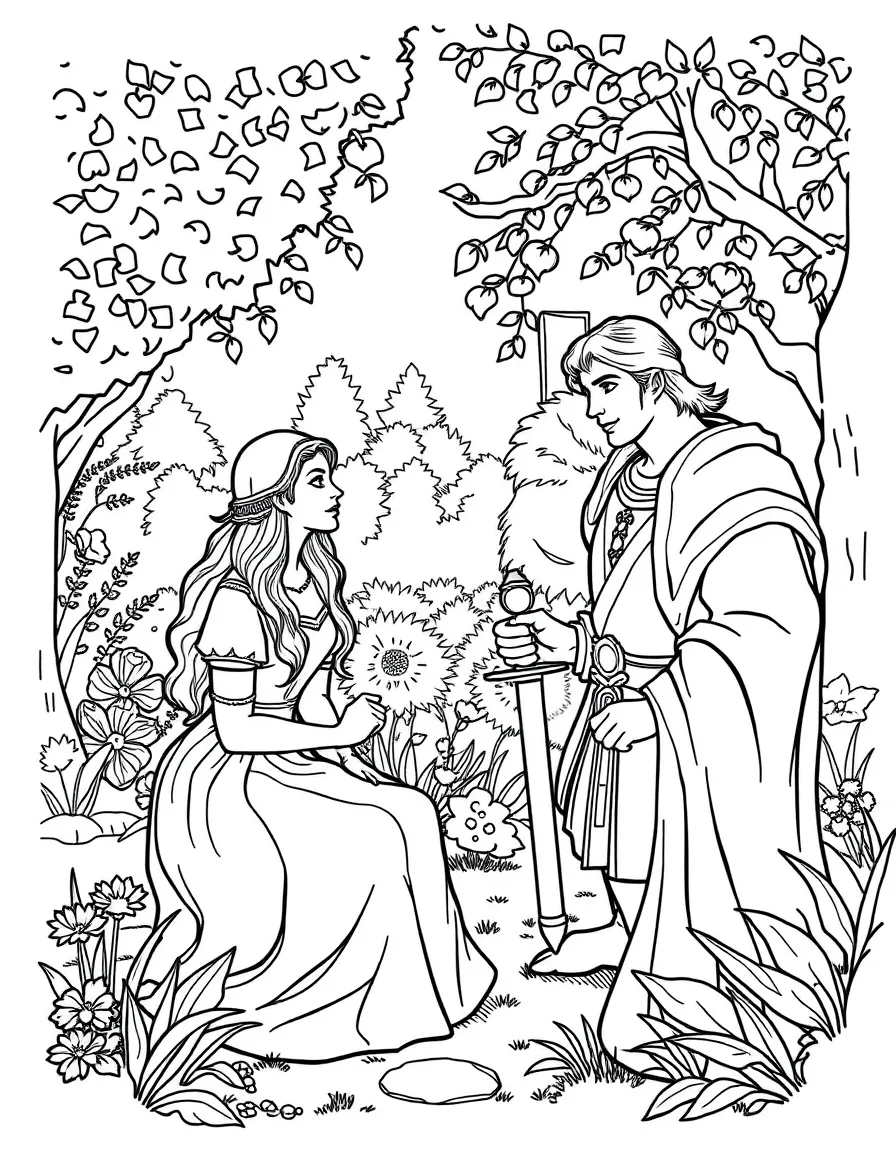 Guinevere and Lancelot in the garden while Arthur is away