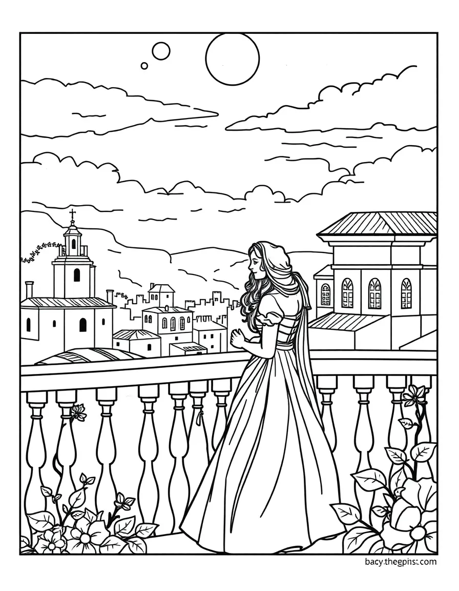 Romeo and Juliet on the balcony under moonlight
