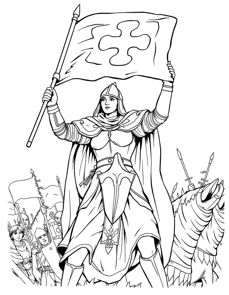 Joan of Arc in armor raising her banner in battle