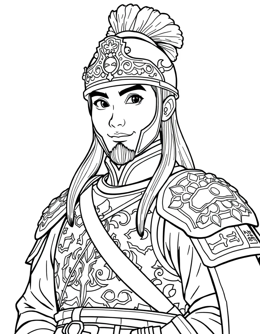 Mulan disguised as a male soldier in imperial Chinese armor