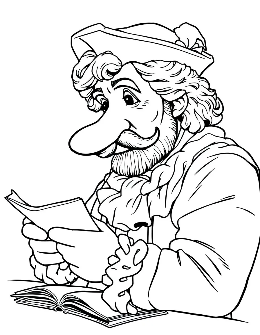 Cyrano de Bergerac with his enormous nose writing poetry
