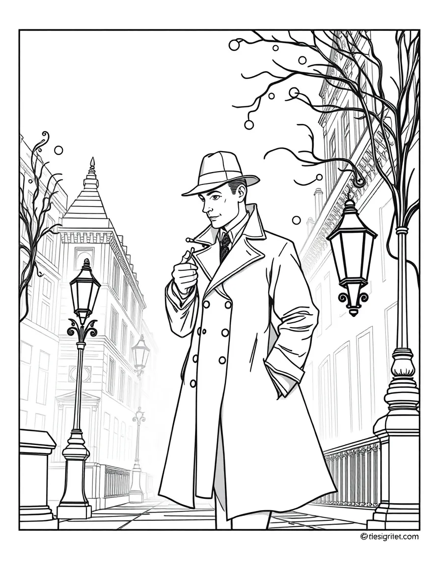Sherlock Holmes in Victorian London fog with gaslights