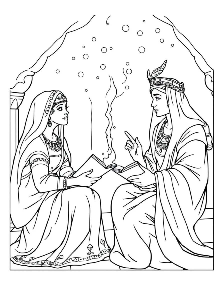 Scheherazade telling stories to the Sultan to save her life
