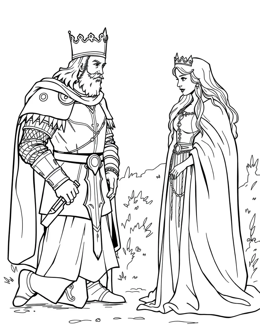 Sir Lancelot kneeling before King Arthur and Queen Guinevere