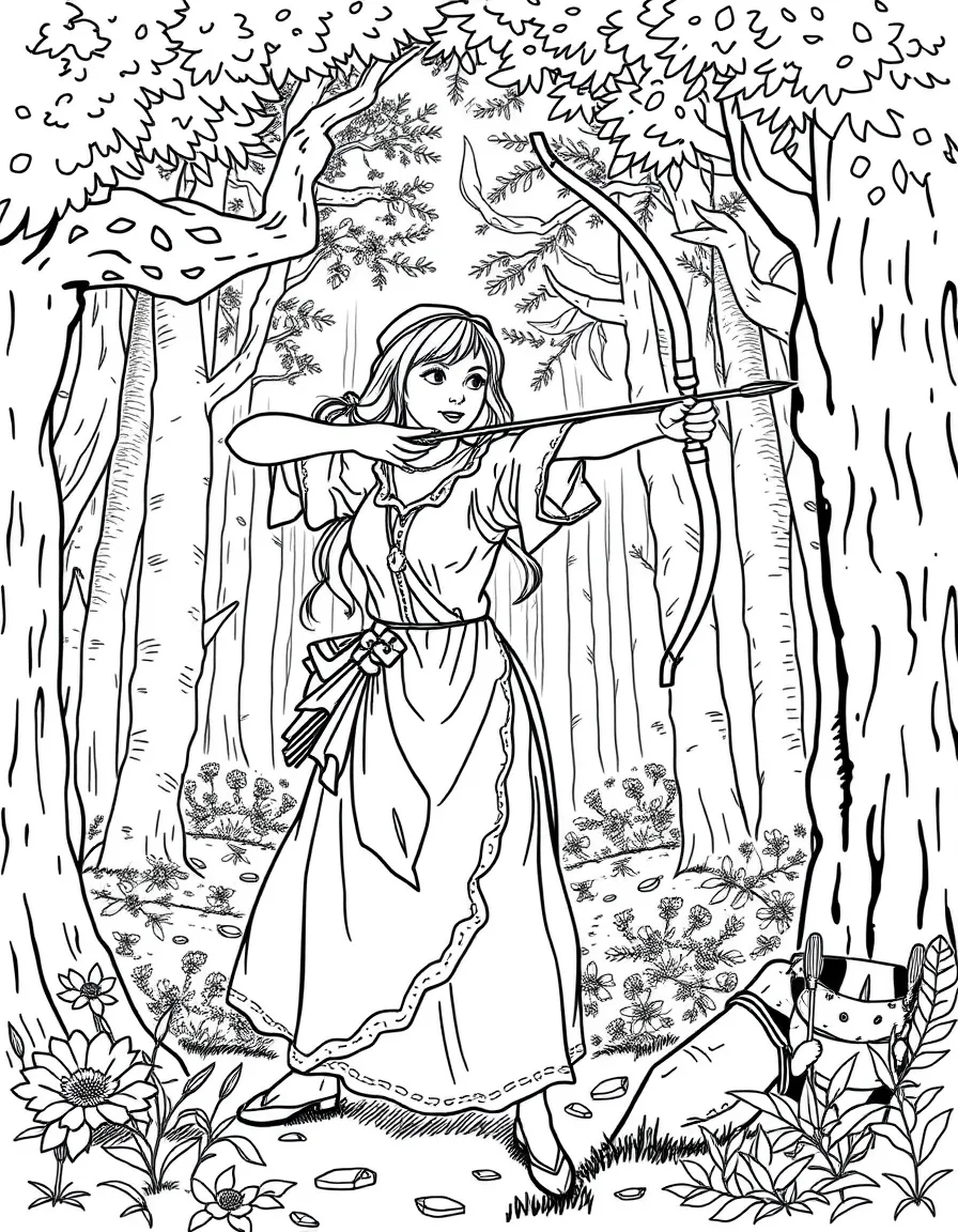 Maid Marian shooting arrows in Sherwood Forest