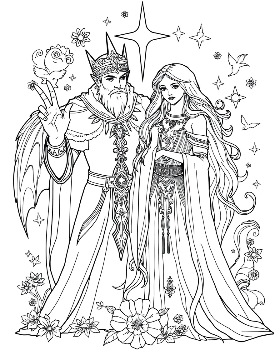 Merlin and Nimue with magical elements around them