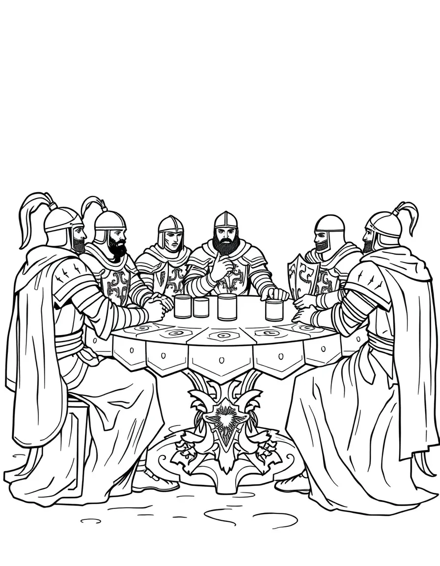 Arthurian knights seated at the Round Table