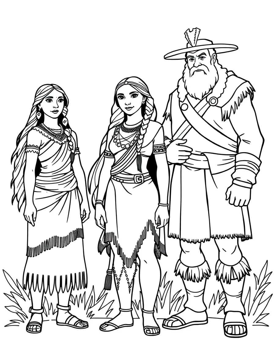 Pocahontas standing between John Smith and her father