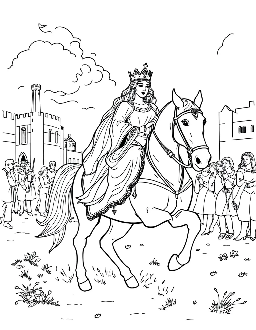 Lady Godiva riding through Coventry on horseback