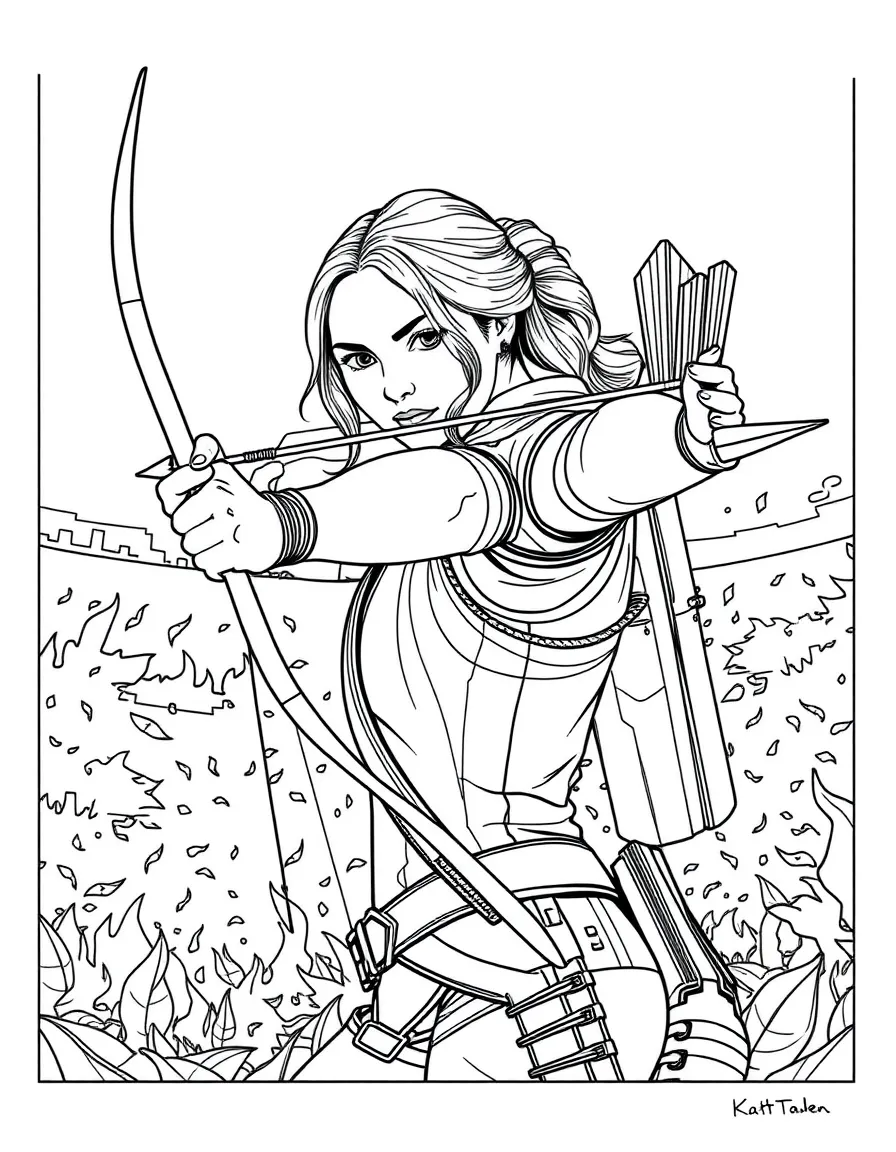 Katniss Everdeen with her bow and arrow in the Hunger Games arena