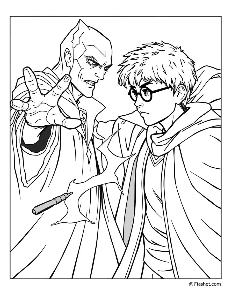 Harry Potter with his lightning scar and wand confronting Voldemort